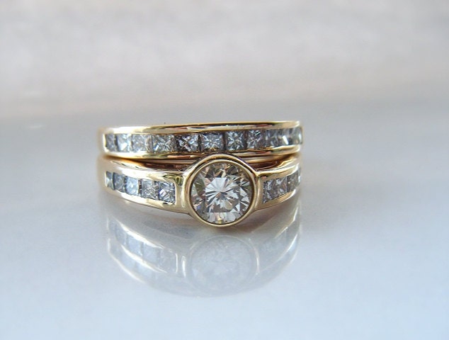 Round Diamond Wedding Set 14K Yellow Gold Channel Set Princess cut