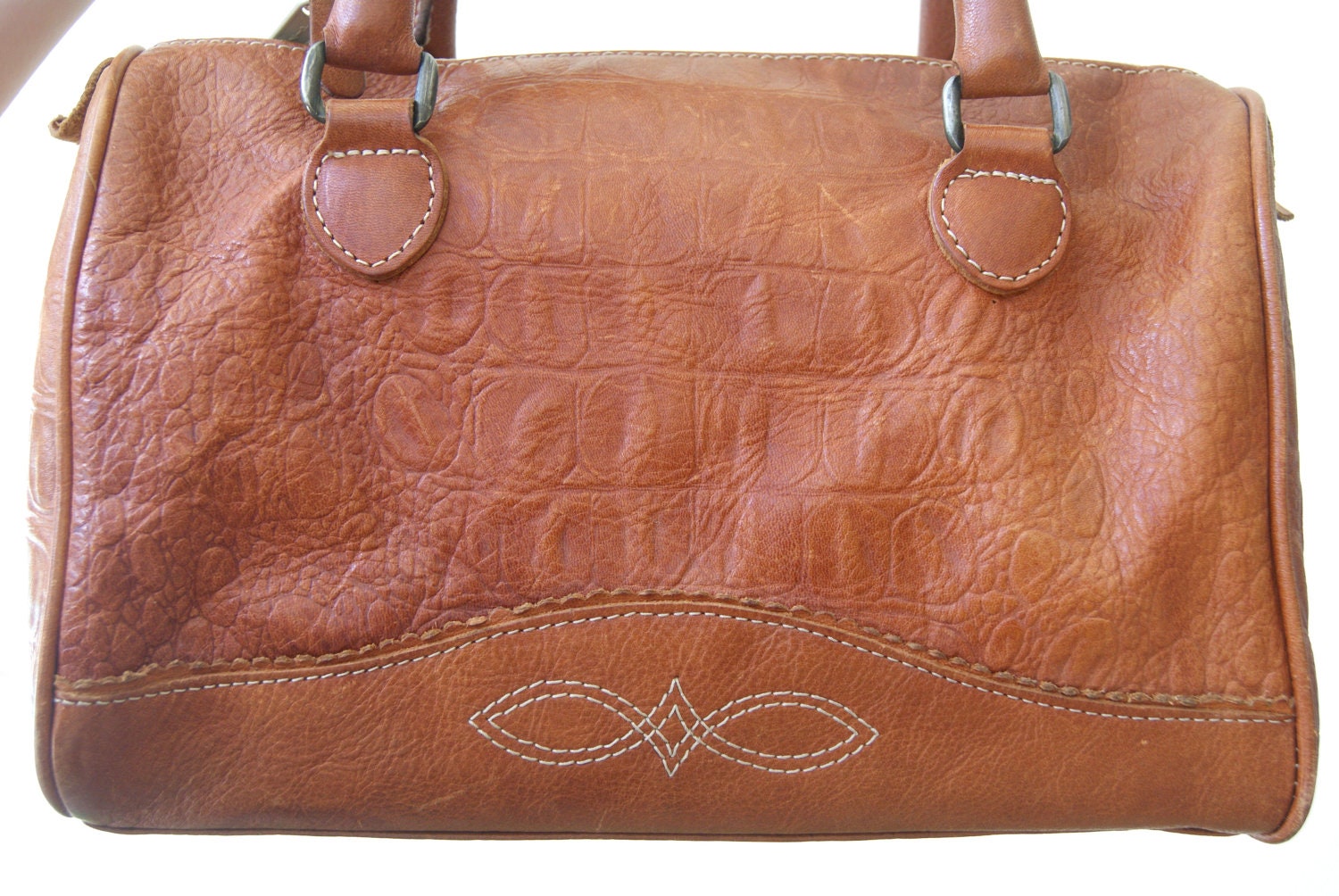 Vintage Unisa Faux Crocodile Embossed Brown Leather Speedy Handbag