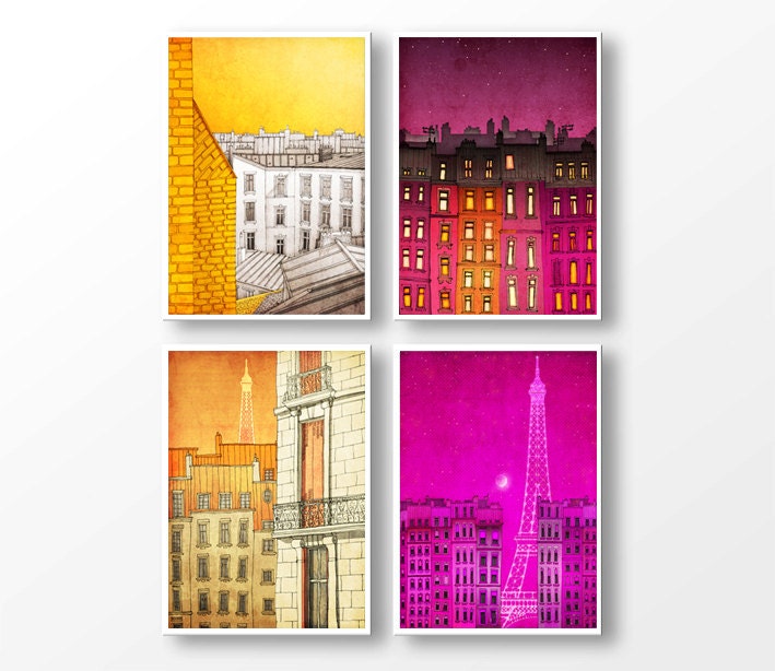 SET of any FOUR 5x7" fine art illustration prints - Fine art prints, Art Posters, Paris art, Paris decor, Wall art, wall decor