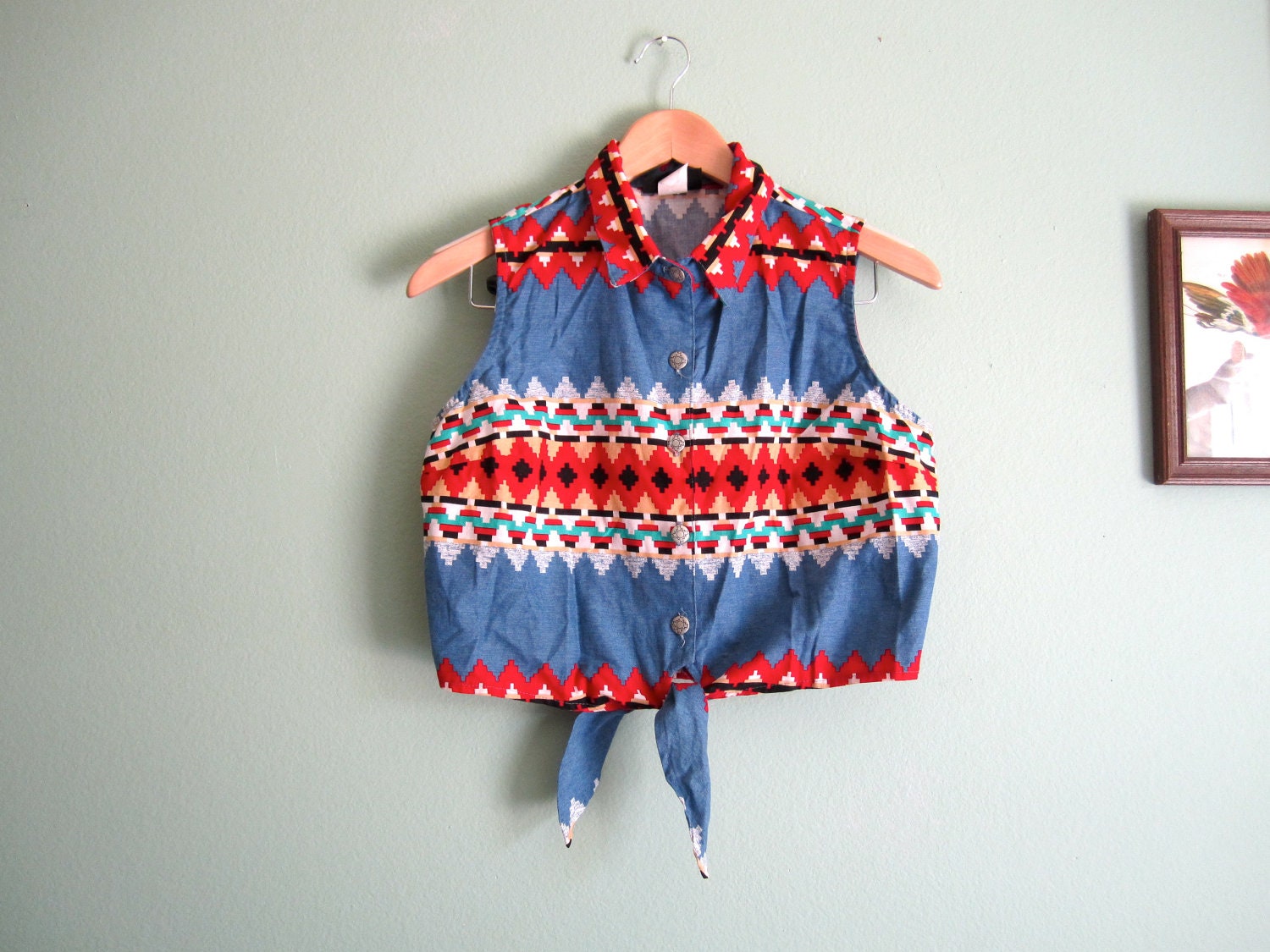 southwestern print crop top blouse/ southwest boho sleeveless shirt/ tie front blouse XS-S