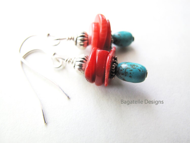 Tribal ethnic earrings. Blue turquoise. Red coral. Happy & colorful handmade jewelry in Colorado. Natural gemstones.
