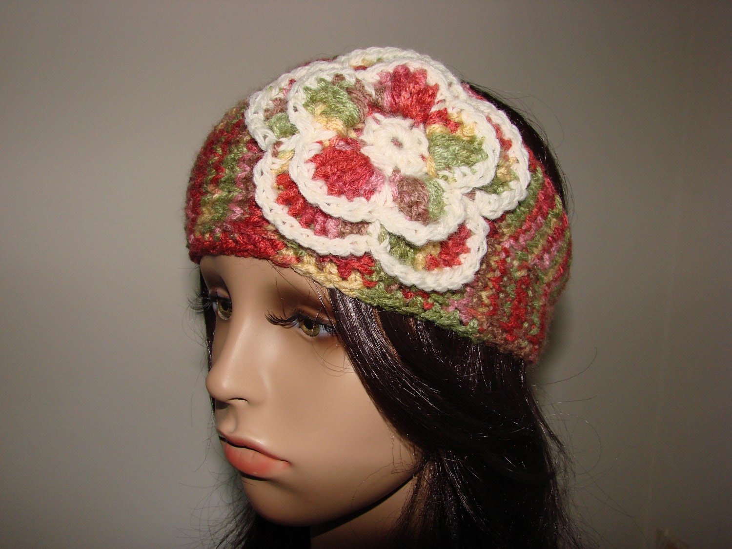 Woman Girl Handmaded Multicolor Knit Headband Flower Multicolor Green Red Burgundy Yellow cream Brown Crochet Headwrap Acrylic Ski