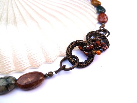 Ocean Jasper Necklace - Vintaj Filigree Ring Necklace - Gemstone Jewelry - Beaded Necklace - Gifts for Women - Gift Ideas - Grace of Eden