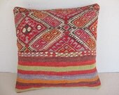 Organic Modern Bohemian Home Decor , Embroidered Handwoven Soumak Weave  Stripe Vintage Tribal Turkish Kilim Pillow cover 16" x 16"