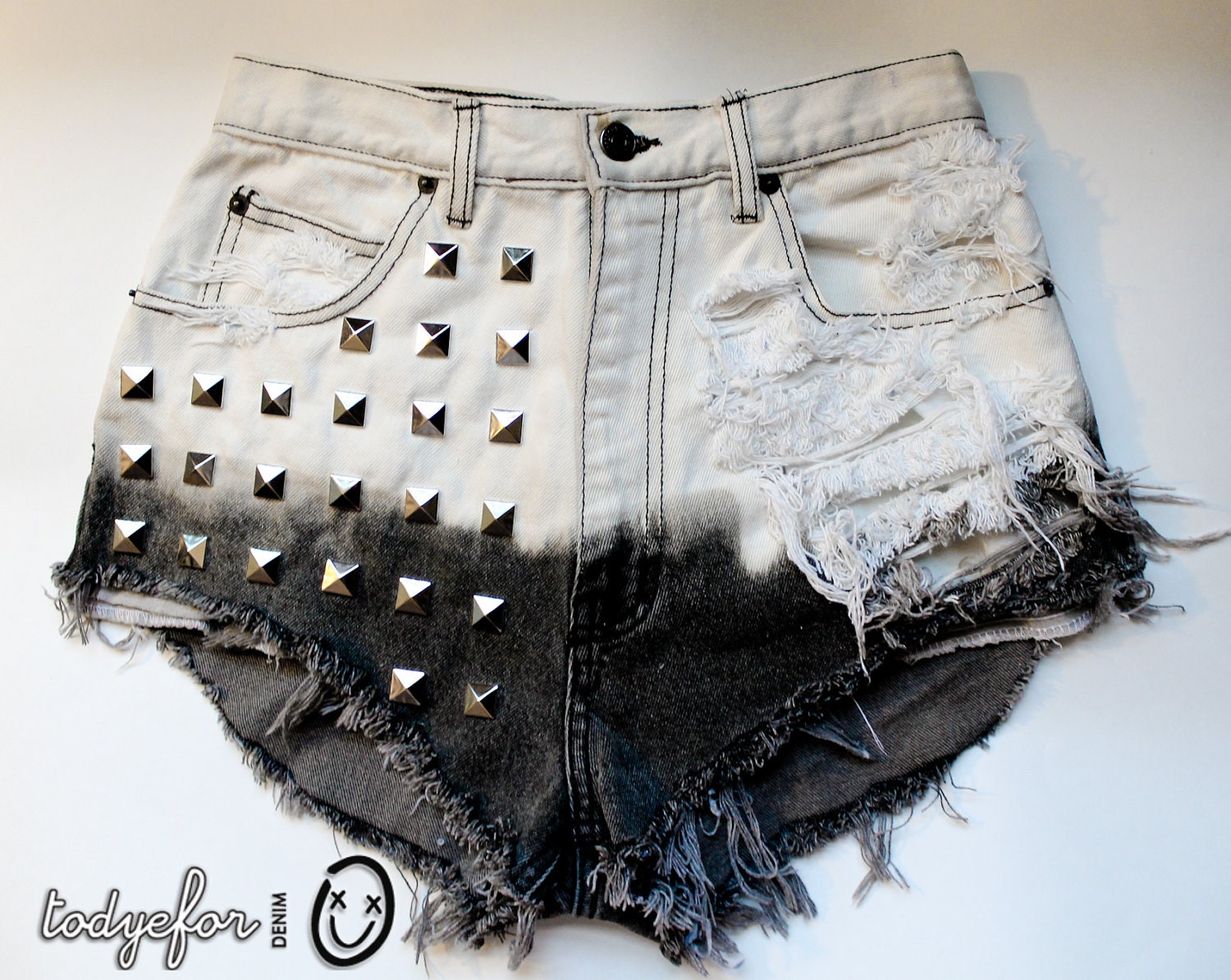 bleached white and black ombre / Jordache vintage denim / pyramid studs & destroyed / high waisted shorts