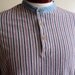 90's vintage Land's End chambray band collar rugby style men's heather grey long sleeved shirt verical blue and burgundy purple stripes