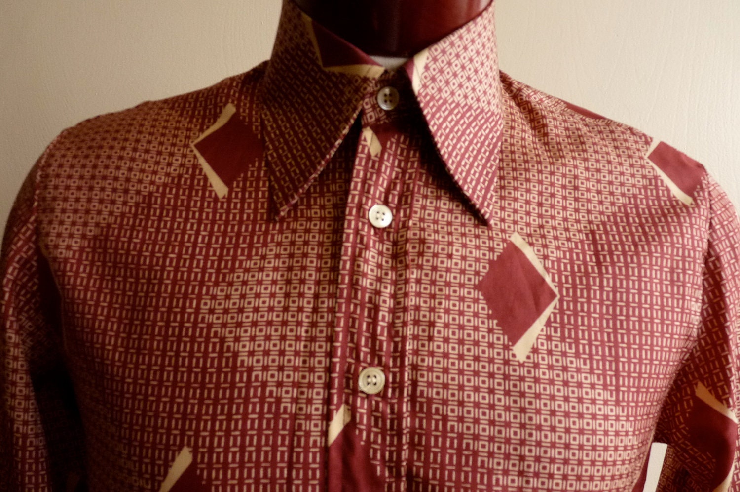 vintage 70's Pascal men's/unisex disco big high collar long sleeve button up shirt, abstract geometric squares diamond/burgundy/light brown/