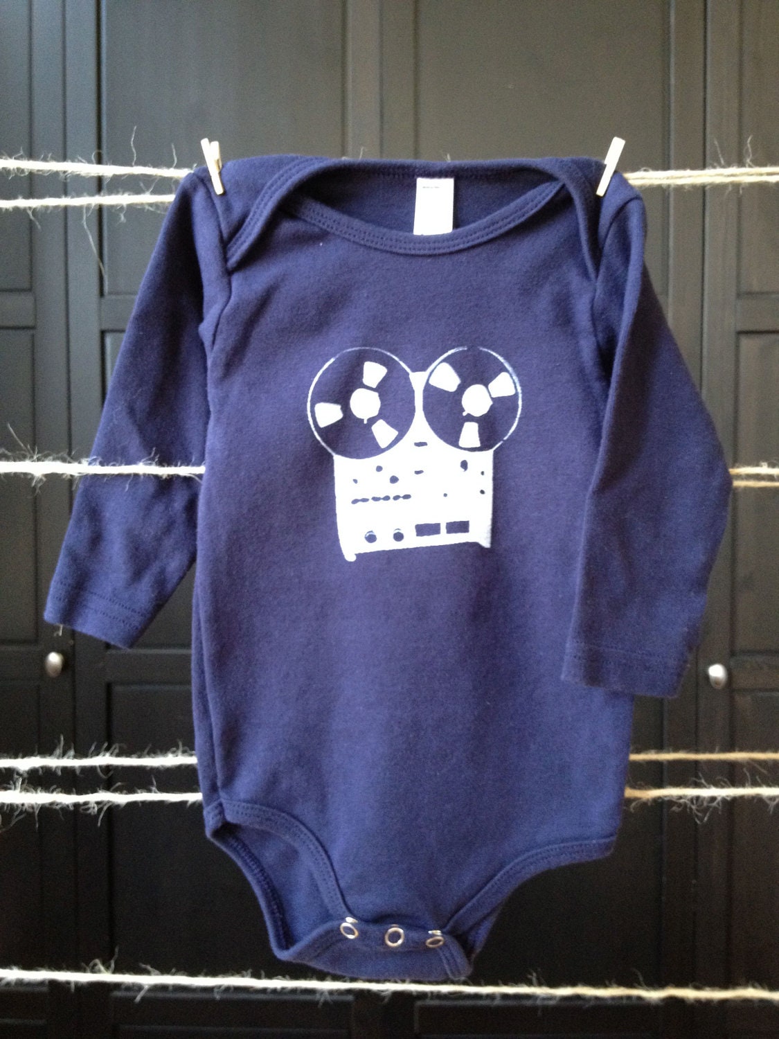 Reel-to-reel rocker - Hand printed baby onesie design