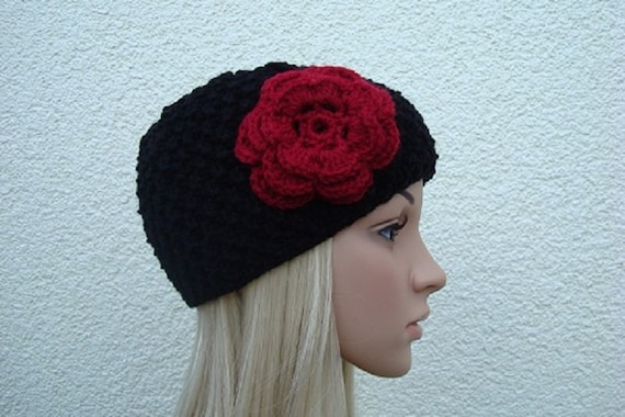 Hand Knit Black Beanie Hat- Women Beanie With Flower-Girls Beanie With Flower- Hand Knitted,