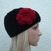 Hand Knit Black Beanie Hat- Women Beanie With Flower-Girls Beanie With Flower- Hand Knitted,