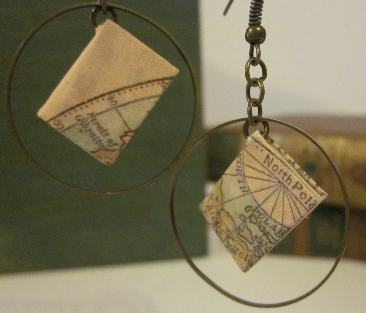 Miniature Map Covered Book Earrings in Hoops - TheBookCellar