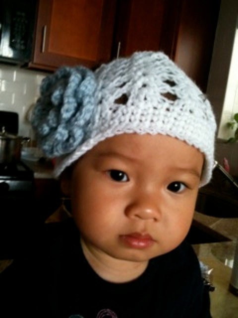 Summer Shell Stitch Crochet Hat with Light Blue Flower - Infant Toddler Child sizes