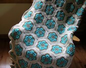 Crochet Afghan Blanket, Aqua, Turquoise, Beige, White, African Flower, Granny Square