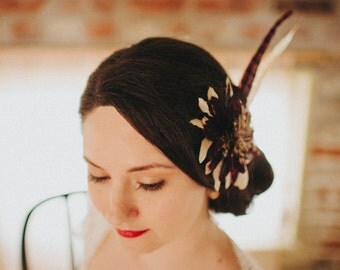 Vintage Inspired, Art Deco Art Nouveau Purple and Cream Feather Bridal Fascinator