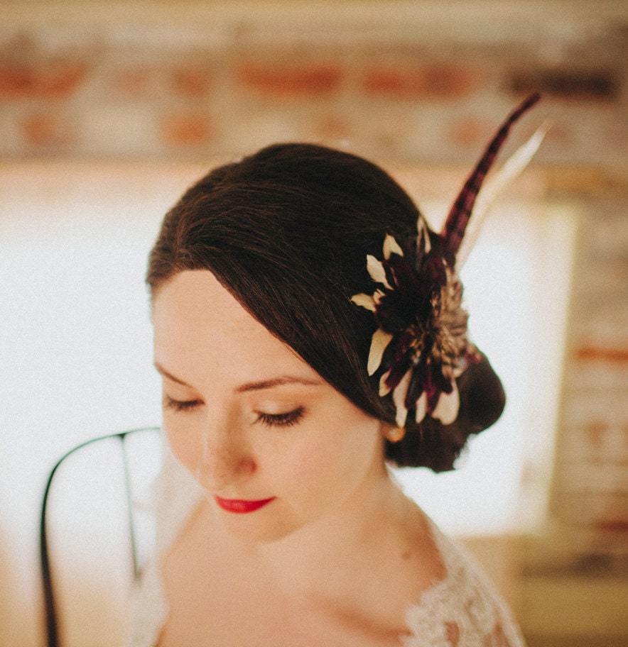 Vintage Inspired, Art Deco Art Nouveau Purple and Cream Feather Bridal Fascinator