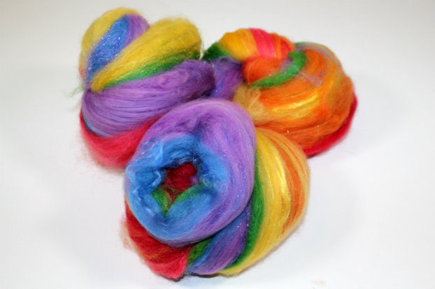 Three Mini Glitz Pops spinning Fiber Art Batts - Rainbow colors - 3.38 oz - Fun
