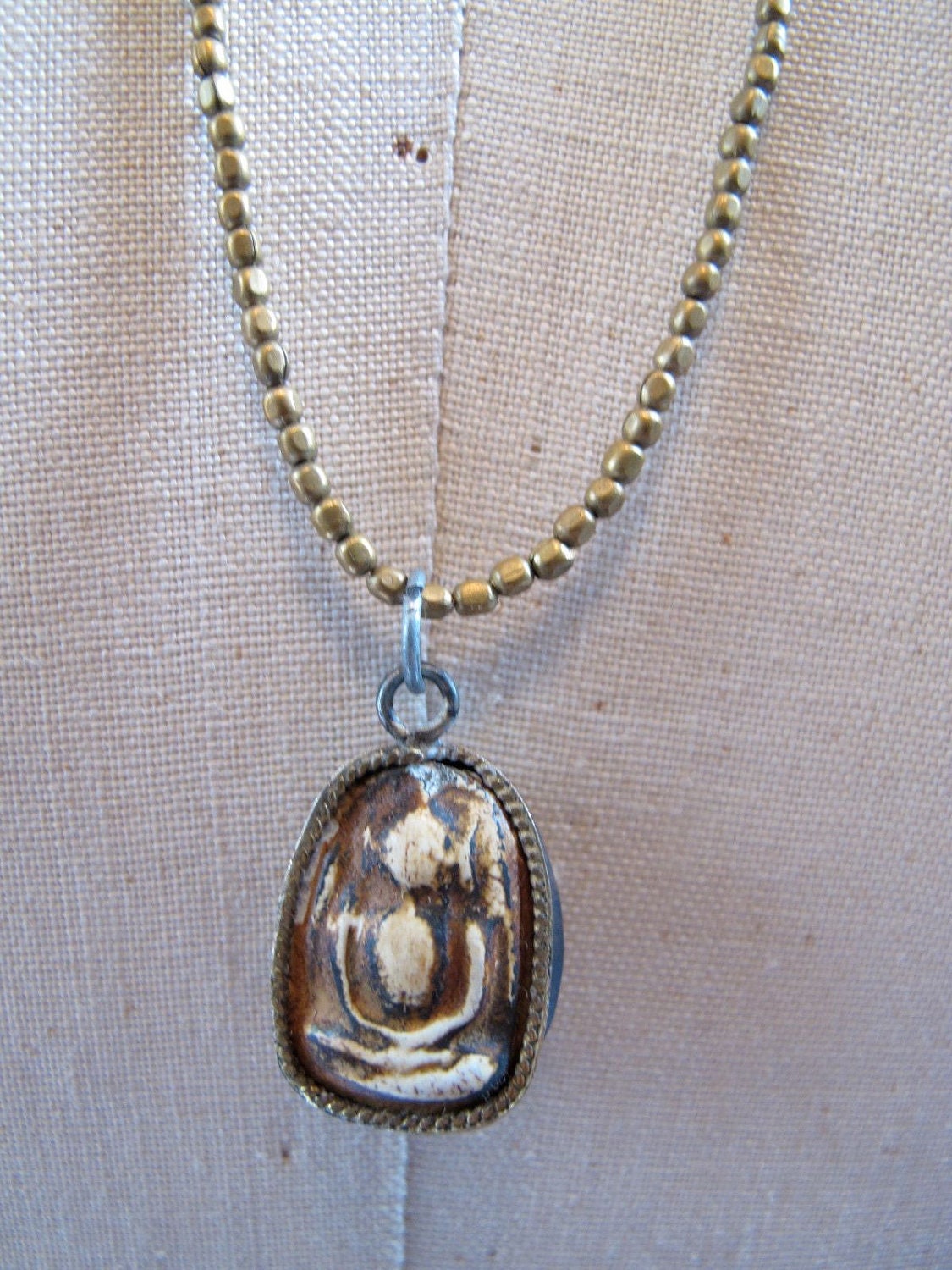 Necklace with Small Seated Buddha Prayer Amulet from Thailand Strung on Tiny Indian Brass Beads