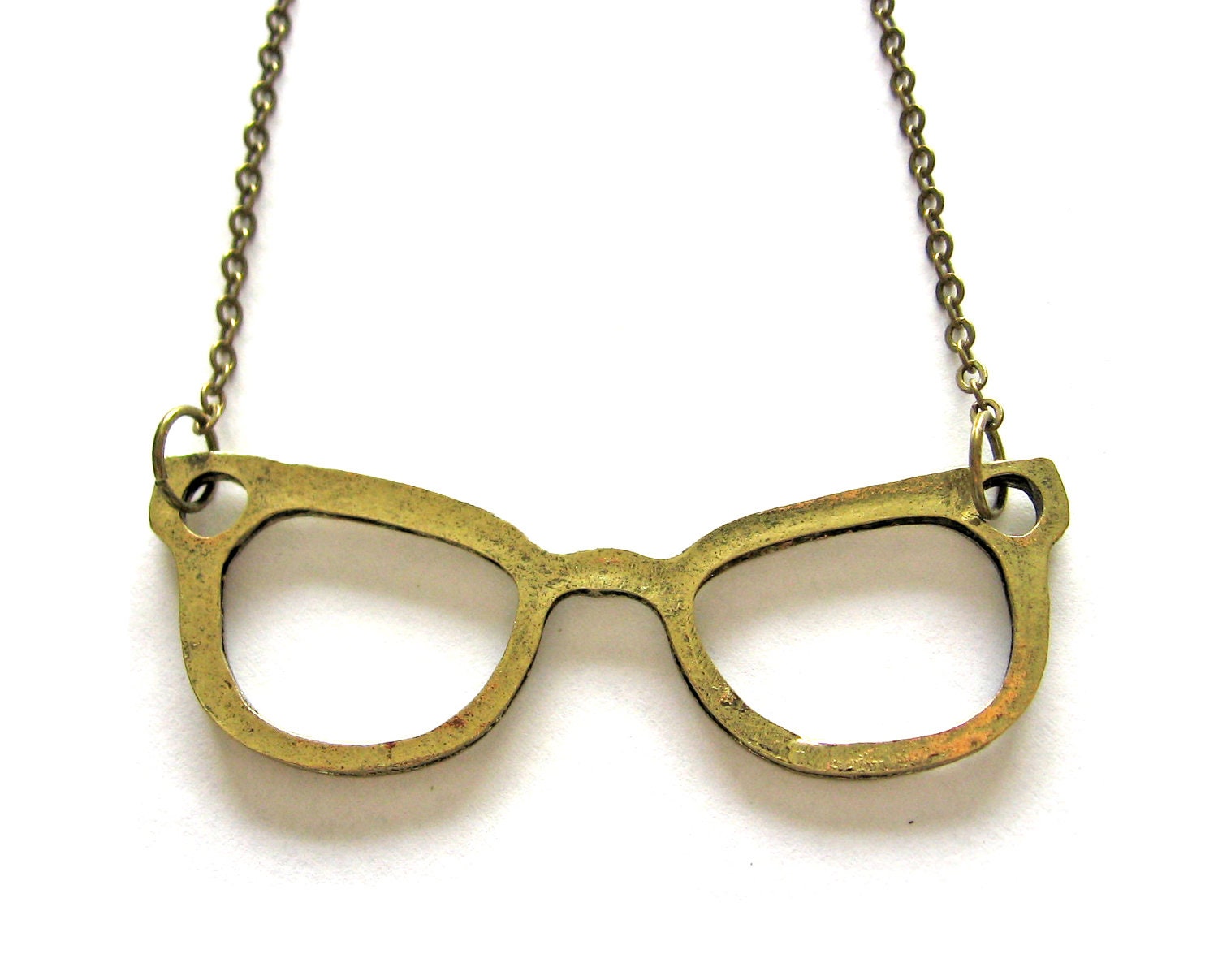 Nerd Gift Antiqued Gold Brass Hipster Glasses Librarian Necklace on Extra Long Brass Chain Geekery