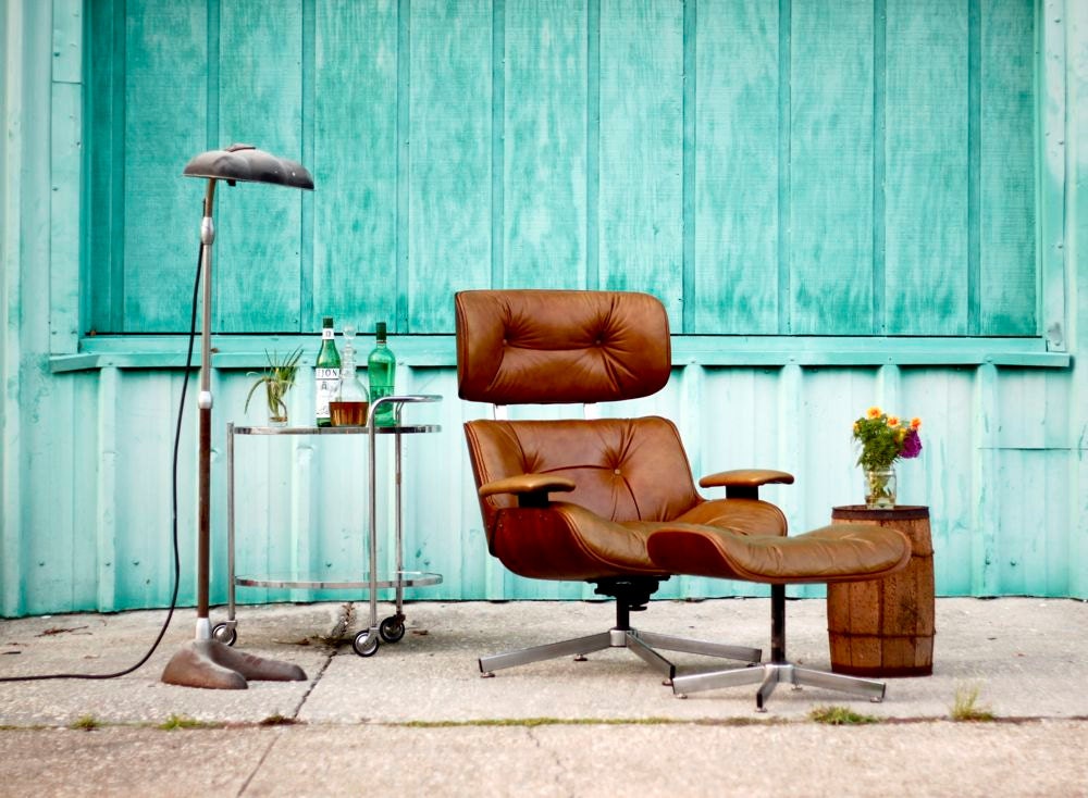 Vintage Eames Style Tan Leather Lounge Chair and Ottoman in Camel