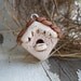 Wren Box Birdhouse- polymer clay charm. silver wire loop. gingerbread detail. brown wood shingle roof. rustic cottage white. Jettabugjewelry