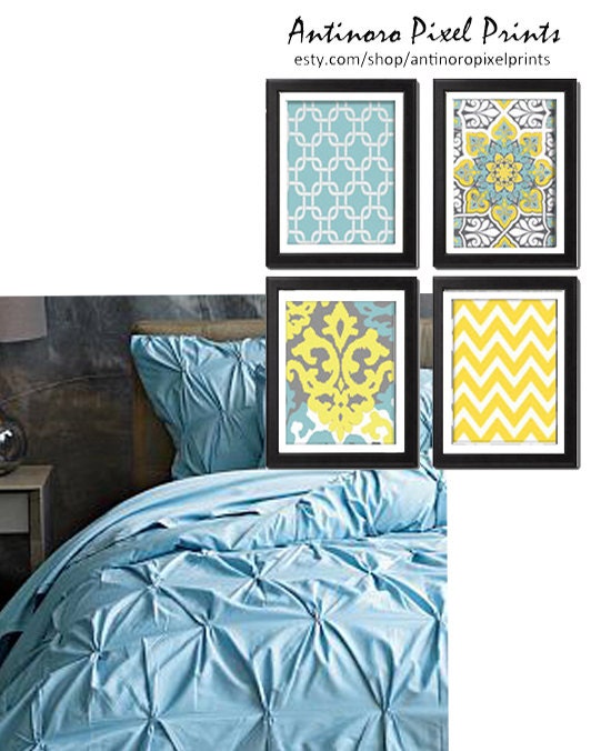 Yellow turquoise Grey Digital Wall Art Vintage / Modern Inspired Art Prints -Set of 4 - 8x11 Prints -   (UNFRAMED)