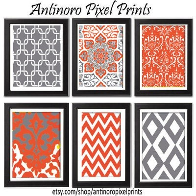Tangerine Grey White Vintage / Modern inspired Art Prints Collection -Set of 6 - 8x11 Prints - Featured in Orange Yellow Grey (UNFRAMED)