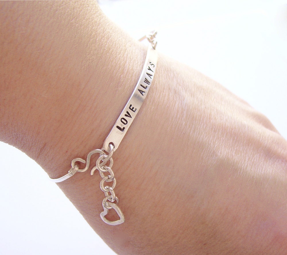 Personalized Bracelet Sterling Silver Bangle - Custom Hand Stamped, with Chain and Heart Charm - Fine jewelry, Gift For Her