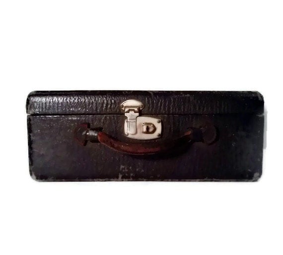 Antique Leather Luggage Black small suitcase Vintage 1920's
