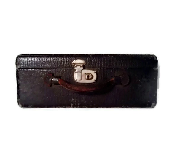 Antique Leather Luggage Black small suitcase Vintage 1920's