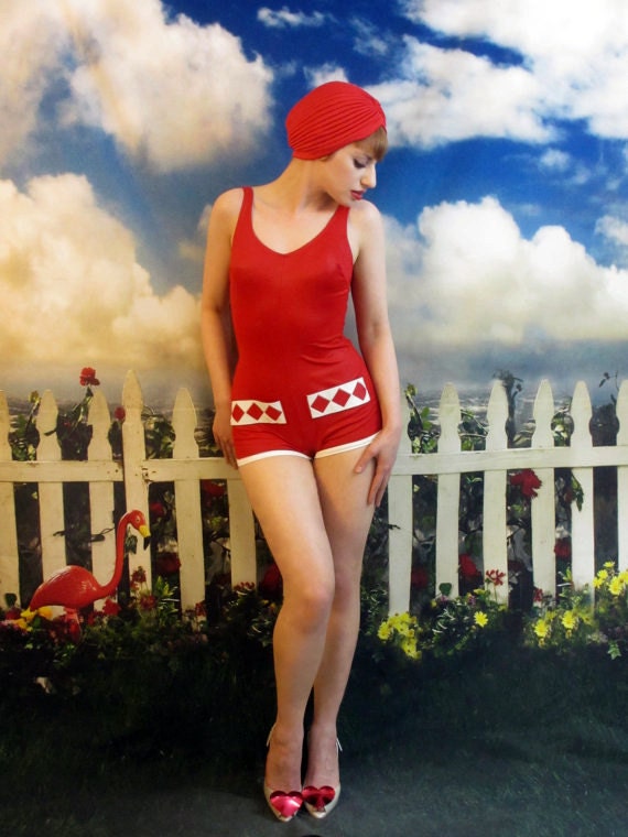 SALE 60s Red Pin Up Go Go Wet Look One Piece Swimsuit