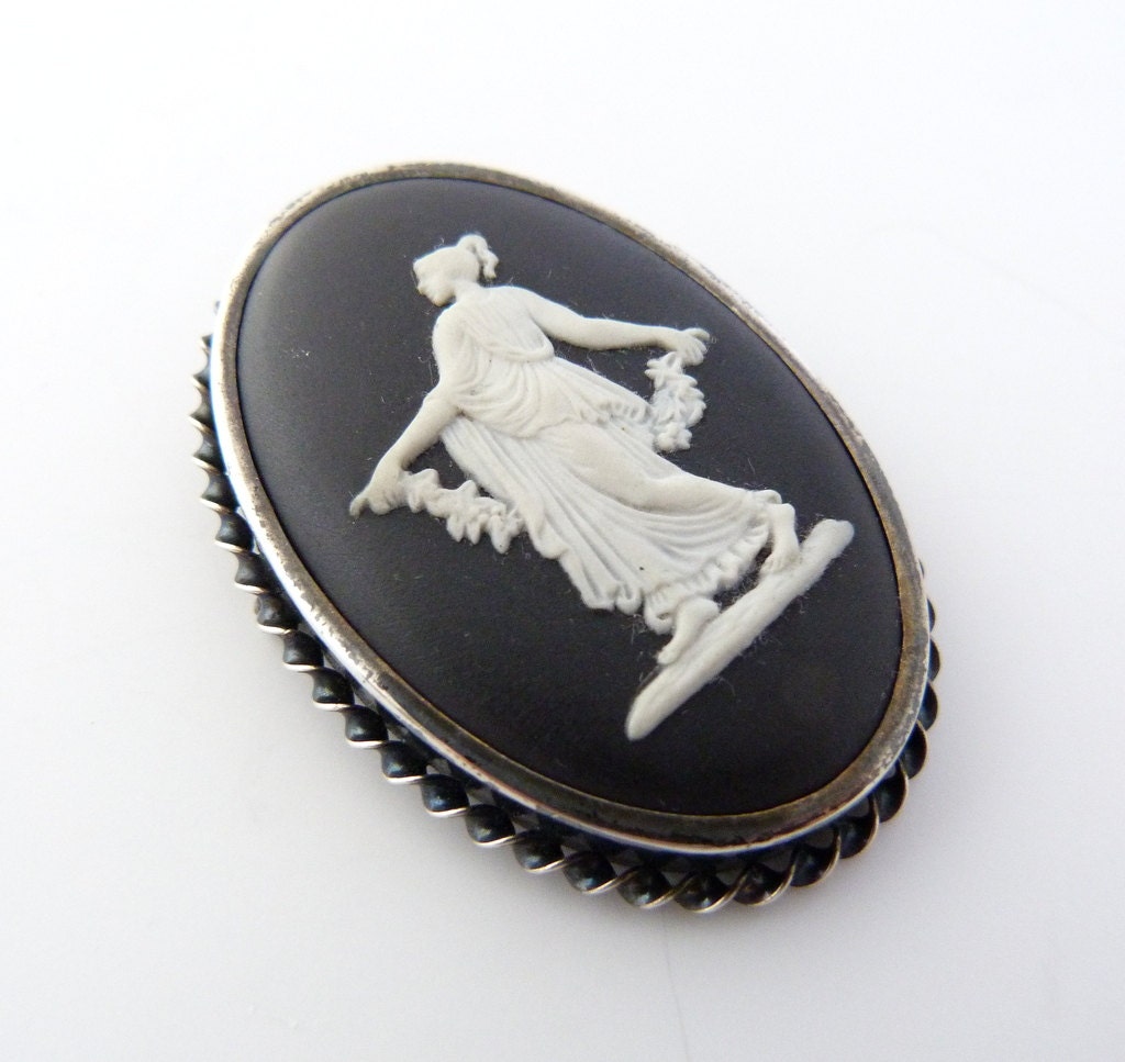 Vintage Wedgwood Black Jasperware Cameo Brooch by TheOpenSesame