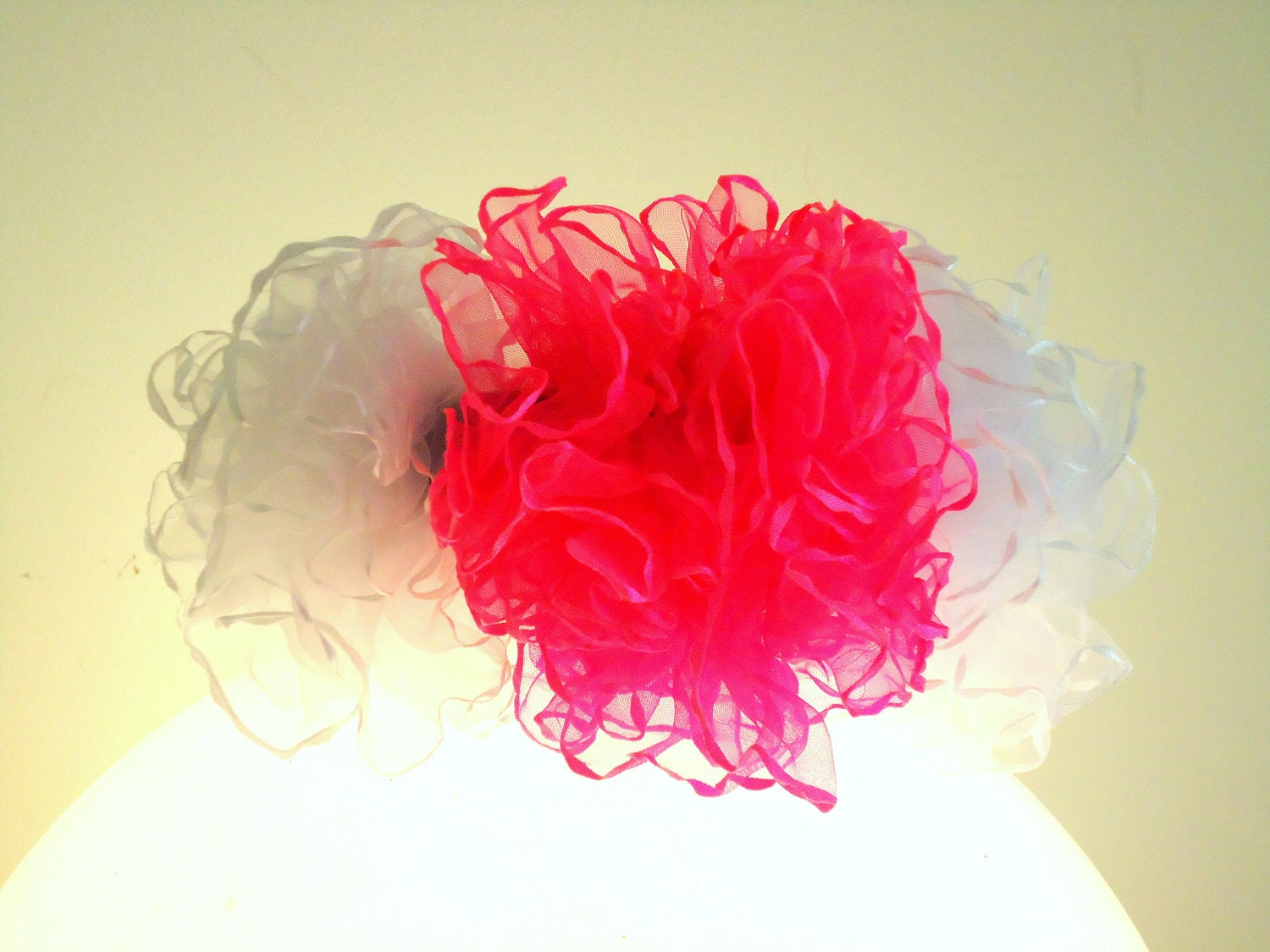 Couture Dog collar. Cerise ruched pink and white carnation net flower effect creation. 9 to 11 inch.