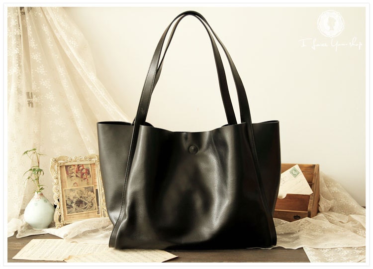 Handmade Large Leather Tote Bag - Should Bag - Shopper Bag - Handbag in Classic Black