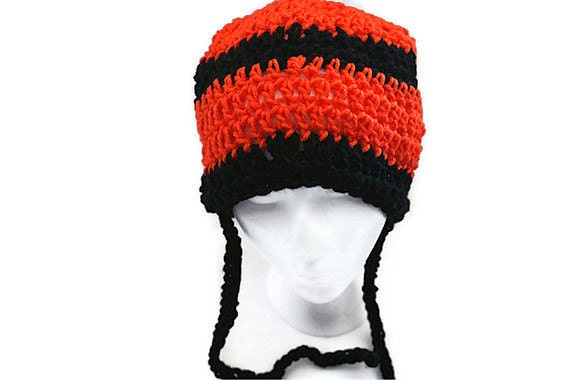 Orange Halloween Hat, Orange Black Hat, Crochet Orange Cap, Orange Earflap Hat, Womens Winter Hat, Helmet Hat, Halloween Hat, Mens Tie Hat