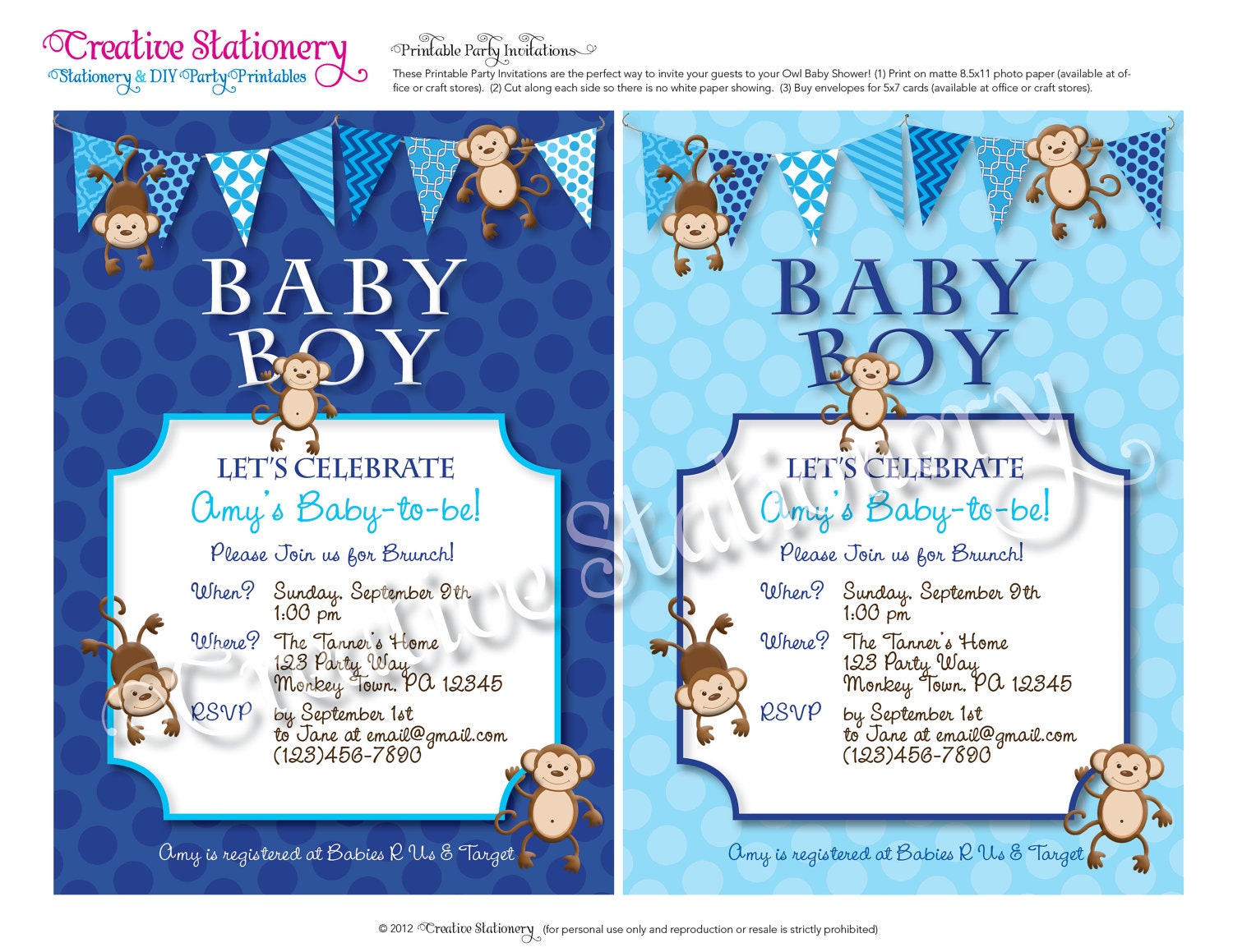 Monkey Baby Shower Invitations. DIY Party Invitations. Fun polka dot ...