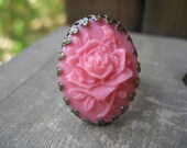 antique bronze cabochon ring,pink cabochon ring,pink resin cobochon ring