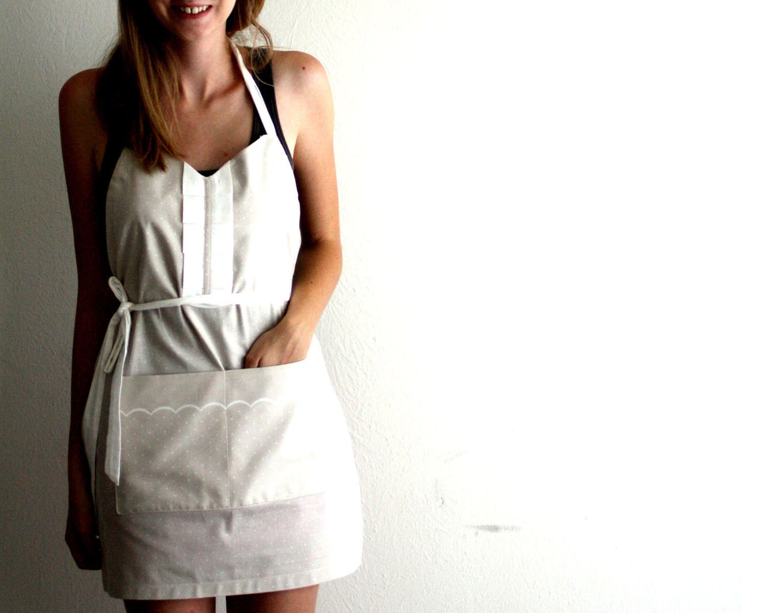 Gray Polka Dot Apron - light gray and white retro adjustable cotton hostess apron with ruffles, pockets