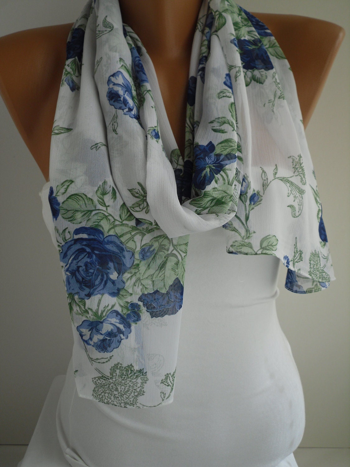 Blue Rose Chiffon Shawl/Scarf