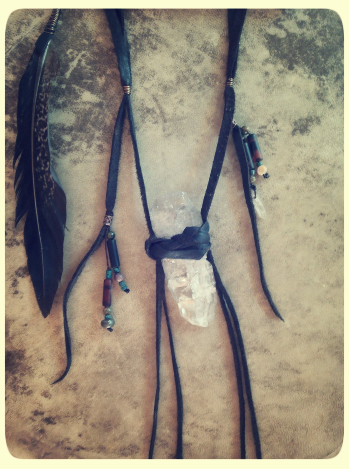 SUMMER SALE Tibetan Quartz crystal talisman necklace... feathers, pyrite, turquoise, jasper, quartz // ready to ship, bohemian, medicine, c