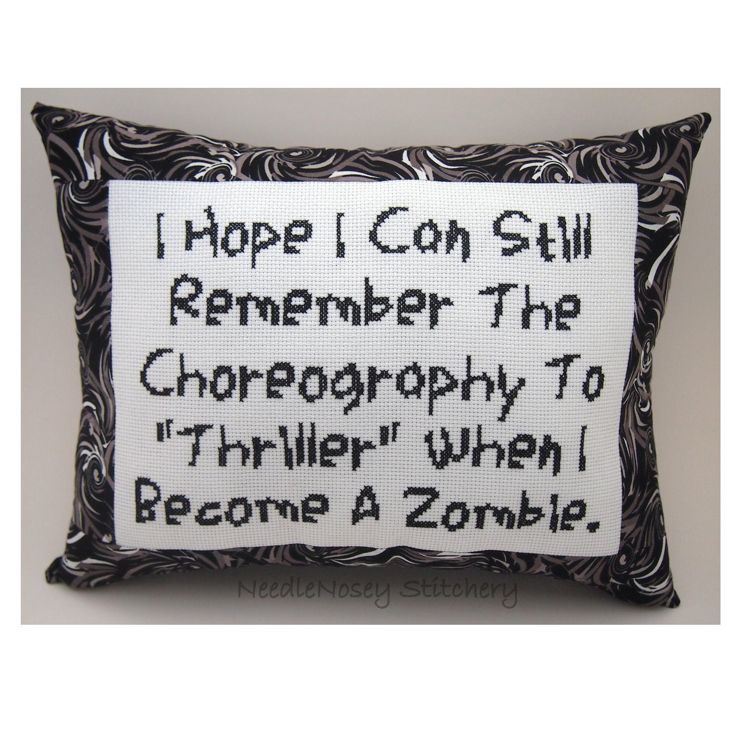 Cross Stitch Pillow Funny Quote, Black and White Pillow, Zombie Quote