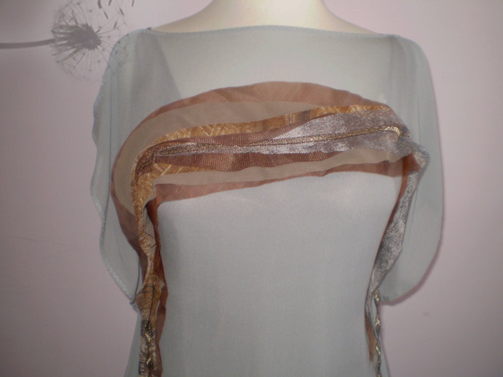 Grey silk dress with brown detail