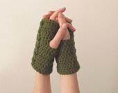 Crochet Gloves, Fingerless Gloves, Crochet Cable Gloves, Crochet Handwarmers in Olive Green / The Rainier Handwarmers