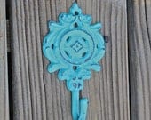 Wall Hook /Bright Aqua Blue /Cast Iron Metal /Decorative Hanger /Shabby Chic /Painted Ornate Decor