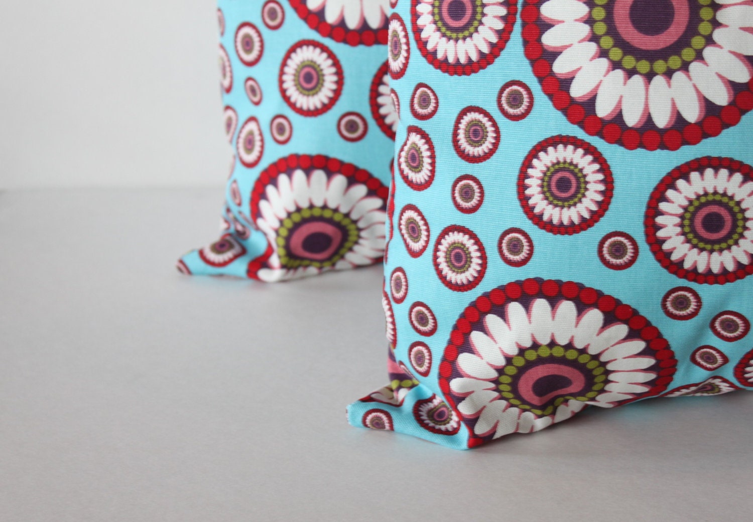 SALE // ONE - 16 x 16 Blue, Red and Pink Circle Flowers Pillow Cover - Premier Prints