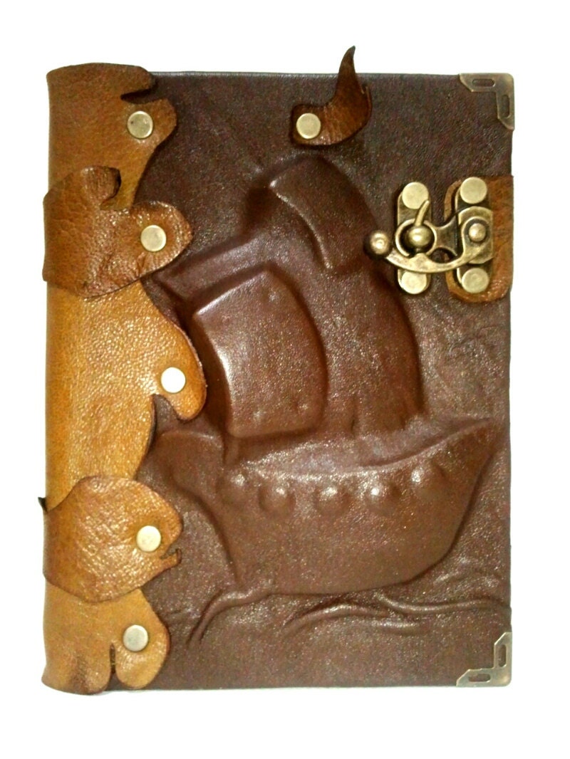 Handmade 3D Embossed Ship Leather Bound Journal Notebook Sketchbook