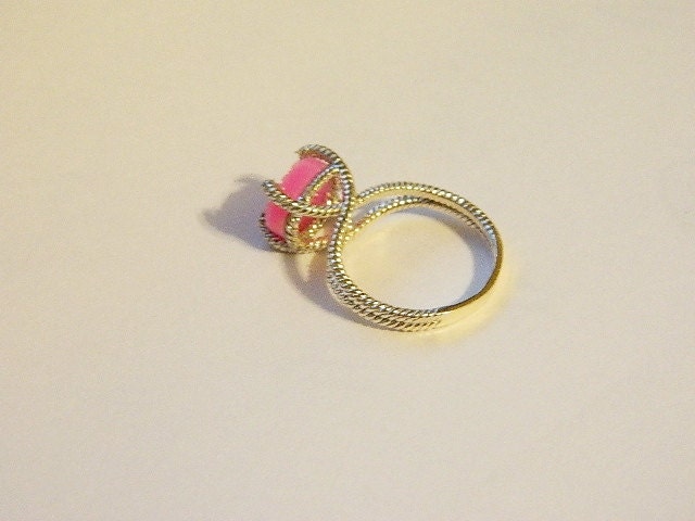 Pink druzy ring sterling silver size 6 3/4