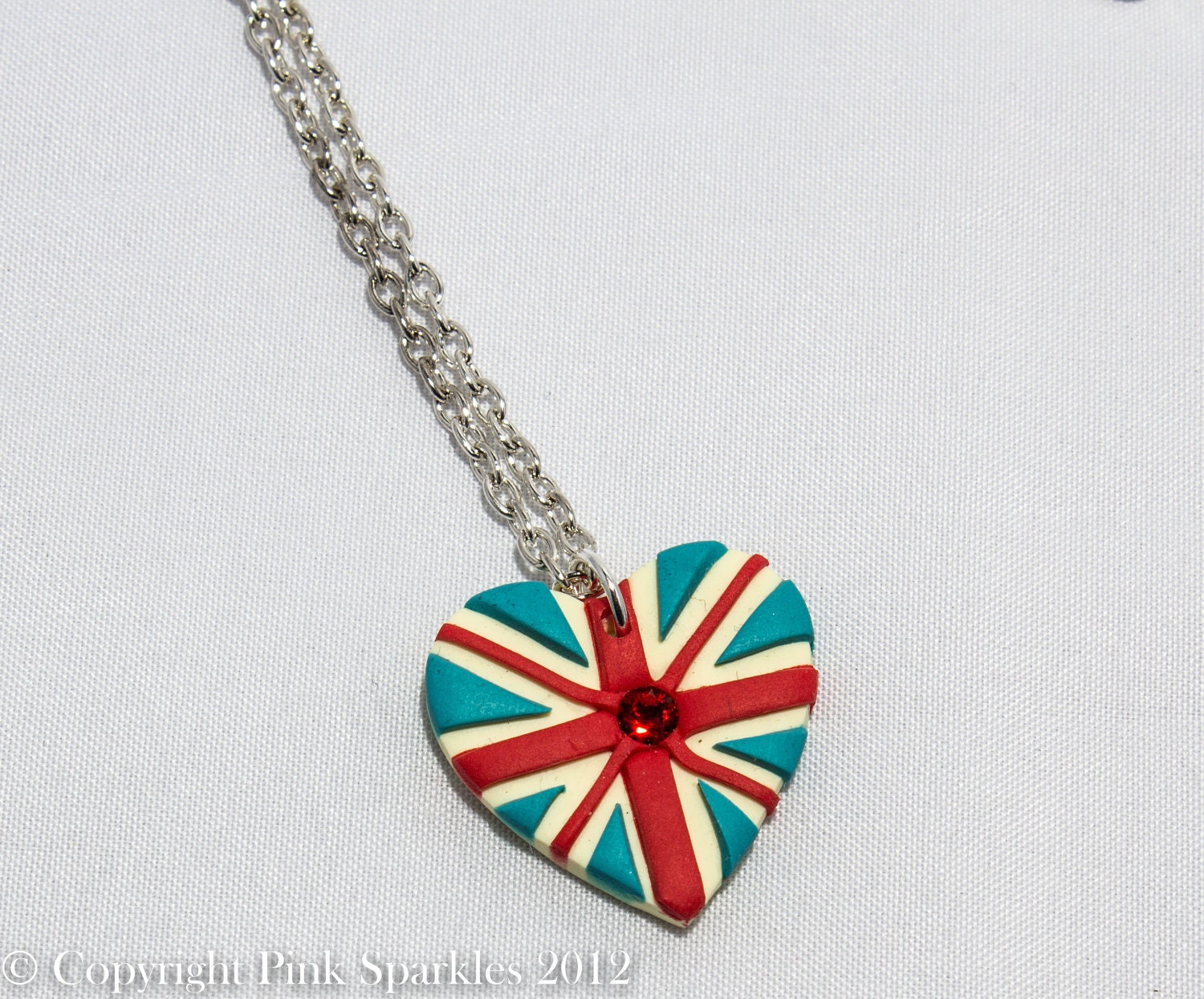 Union Jack Red Swarovski Crystal Heart Polymer Clay Necklace, London 2012, Great Britain GB Necklace