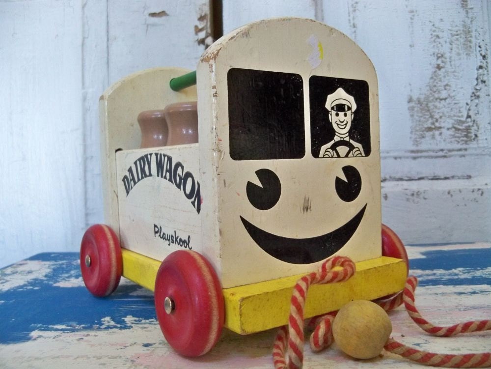 Vintage wooden Playskool dairy wagon collectible toy display piece Anita Spero