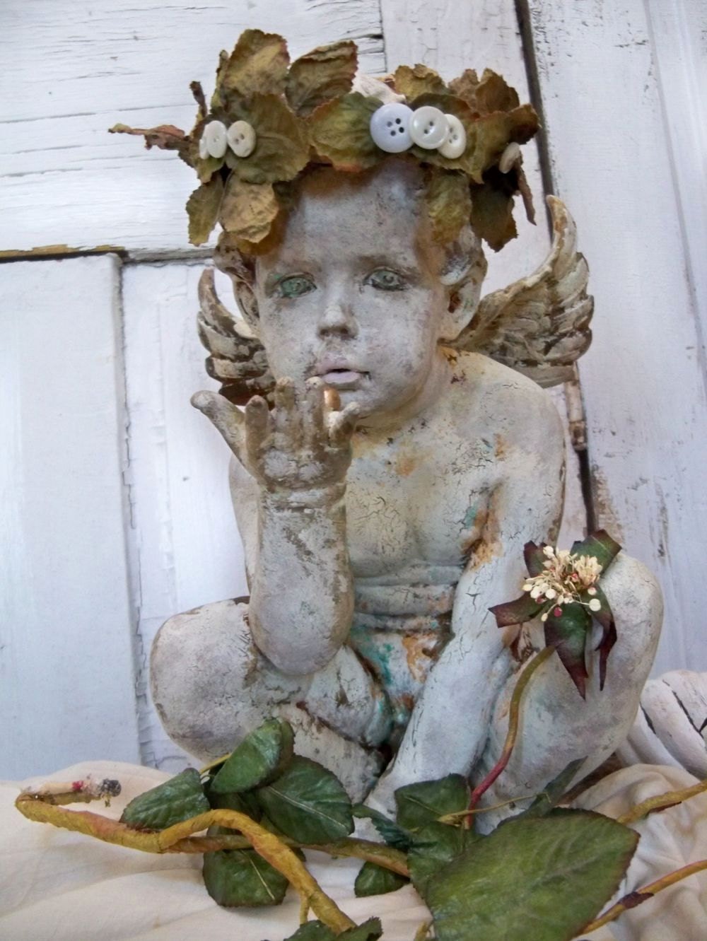 Large hand painted cherub statue shabby chic art piece home decor Anita Spero
