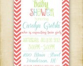 Coral Modern Chevron Baby or Bridal Shower Invitation - Printable DIY